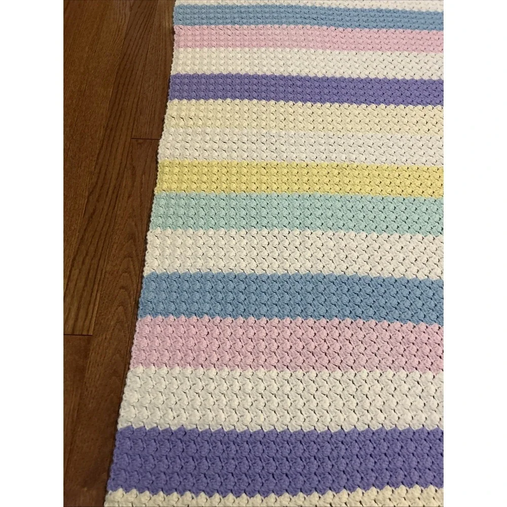 Handmade‎ Knit Vintage White Pink Yellow Blue Afghan Blanket Soft Retro 58
